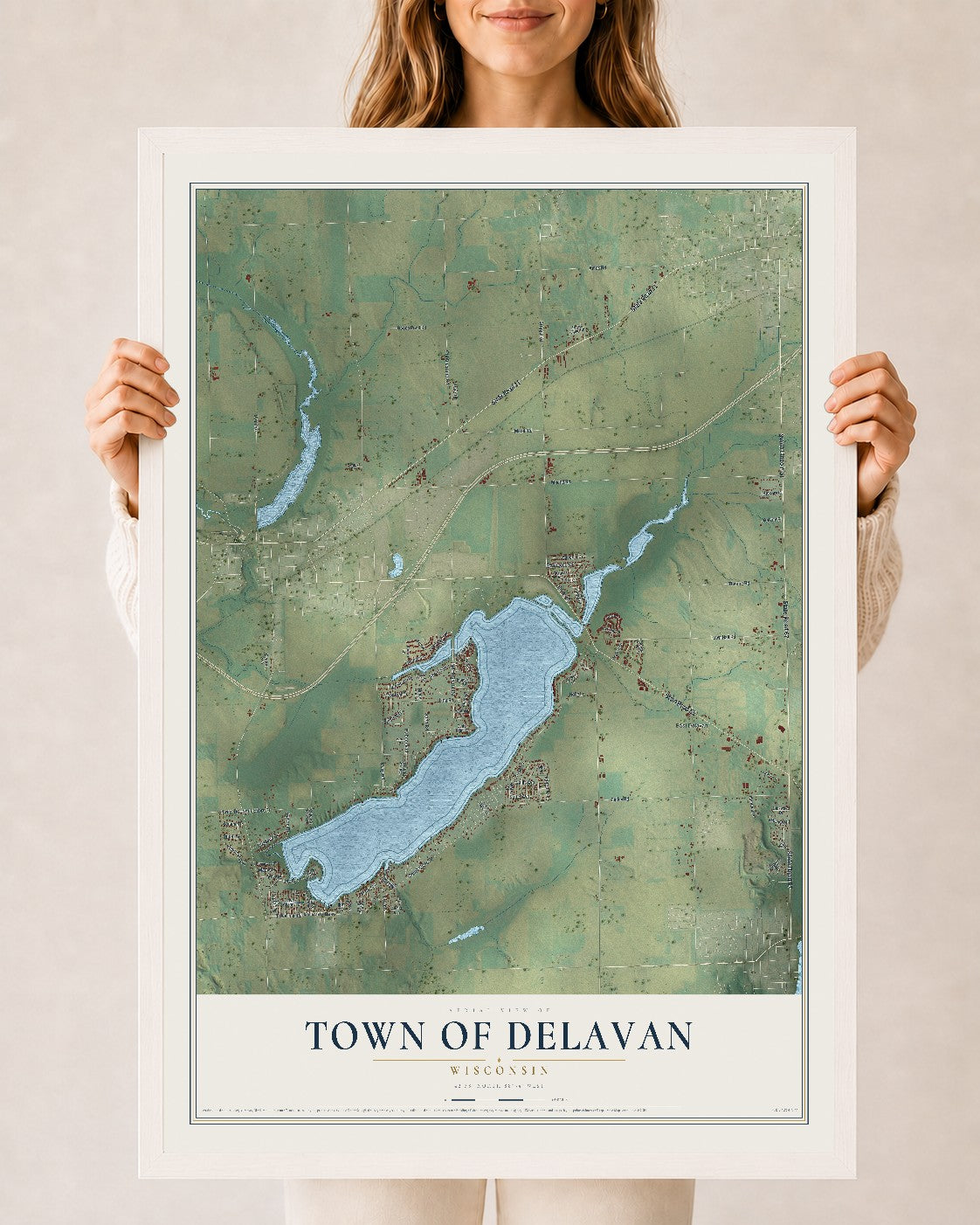 Map of the Town of Delavan, Wisconsin, 24 x 36 inch print in a white wood frame
