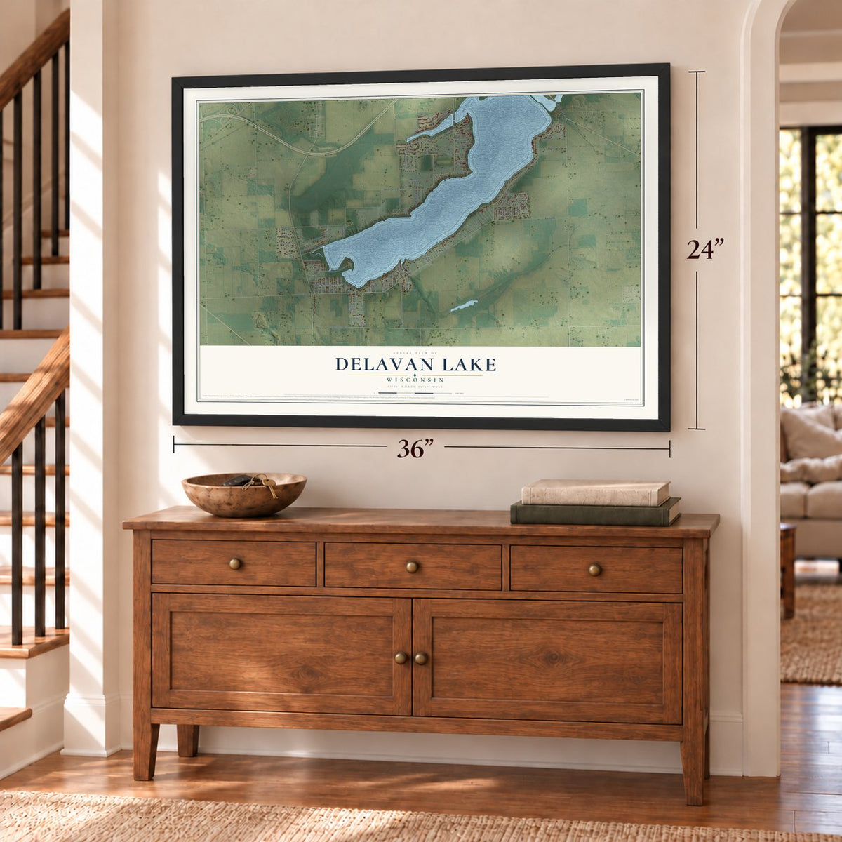 Delavan Lake, Wisconsin map, 24 x 36 inch print in a black frame above a dresser by a staircase