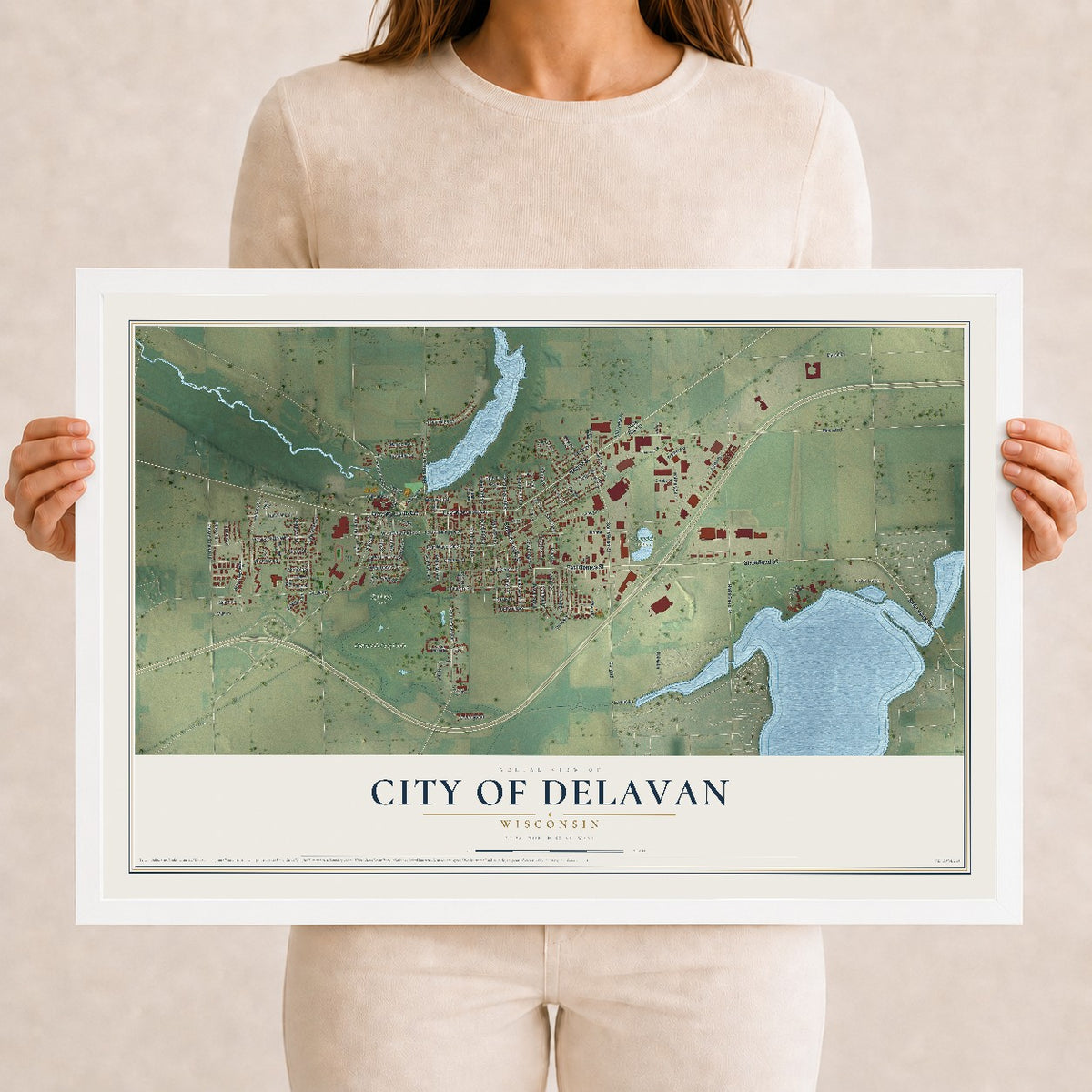 Map of Delavan, Wisconsin, 12 x 18 inch print in a white wood frame