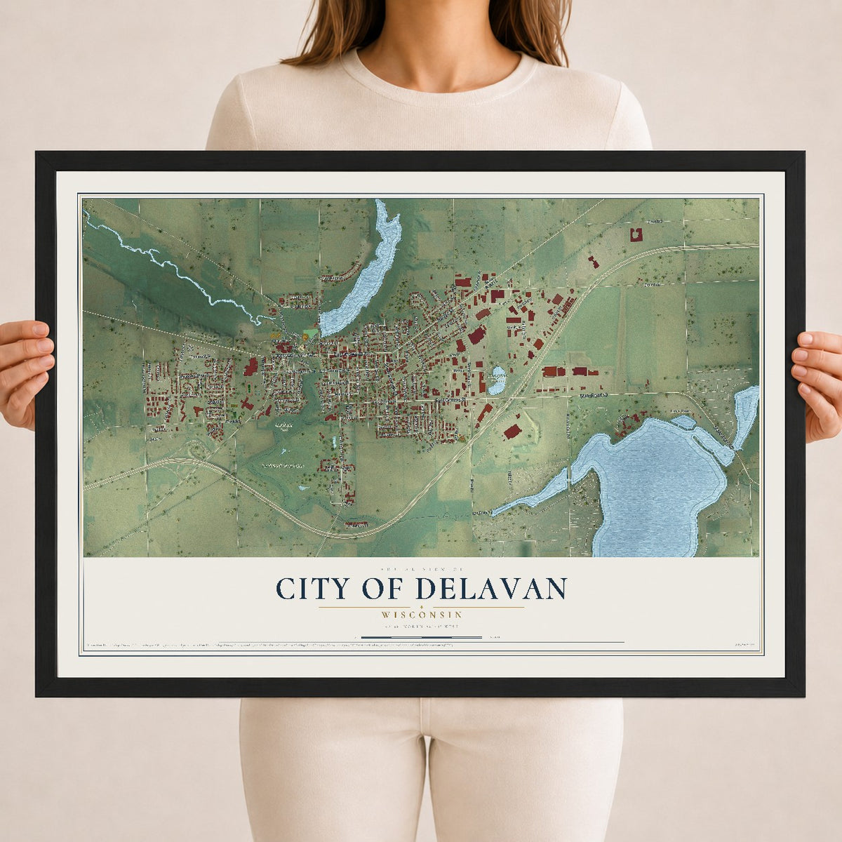 Map of Delavan, Wisconsin, 18 x 24 inch print in a black wood frame