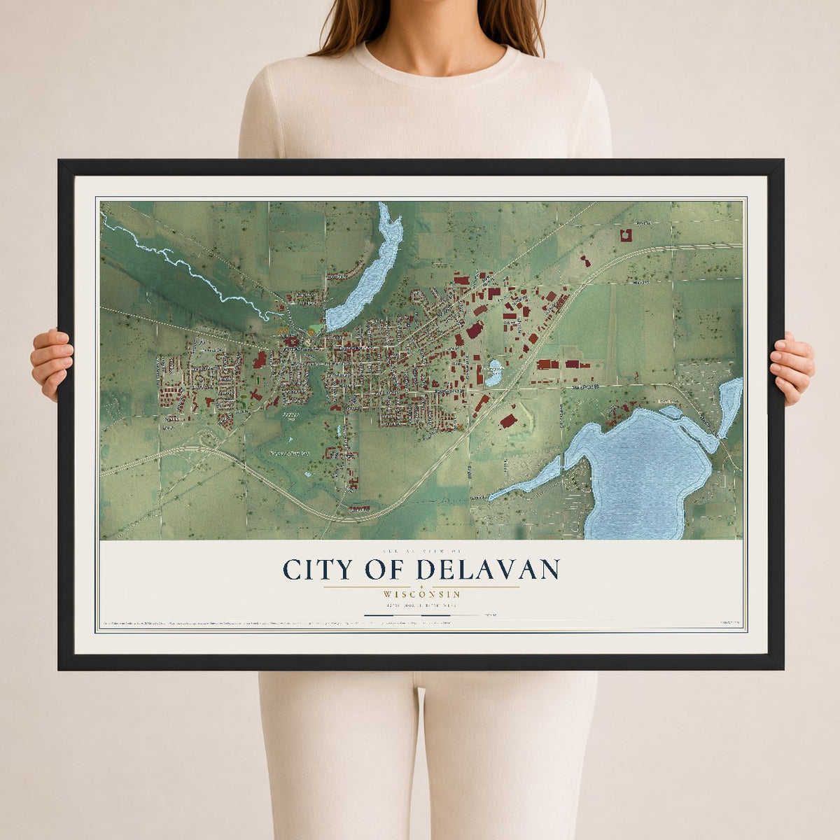 Map of Delavan, Wisconsin, 24 x 36 inch print in a black wood frame