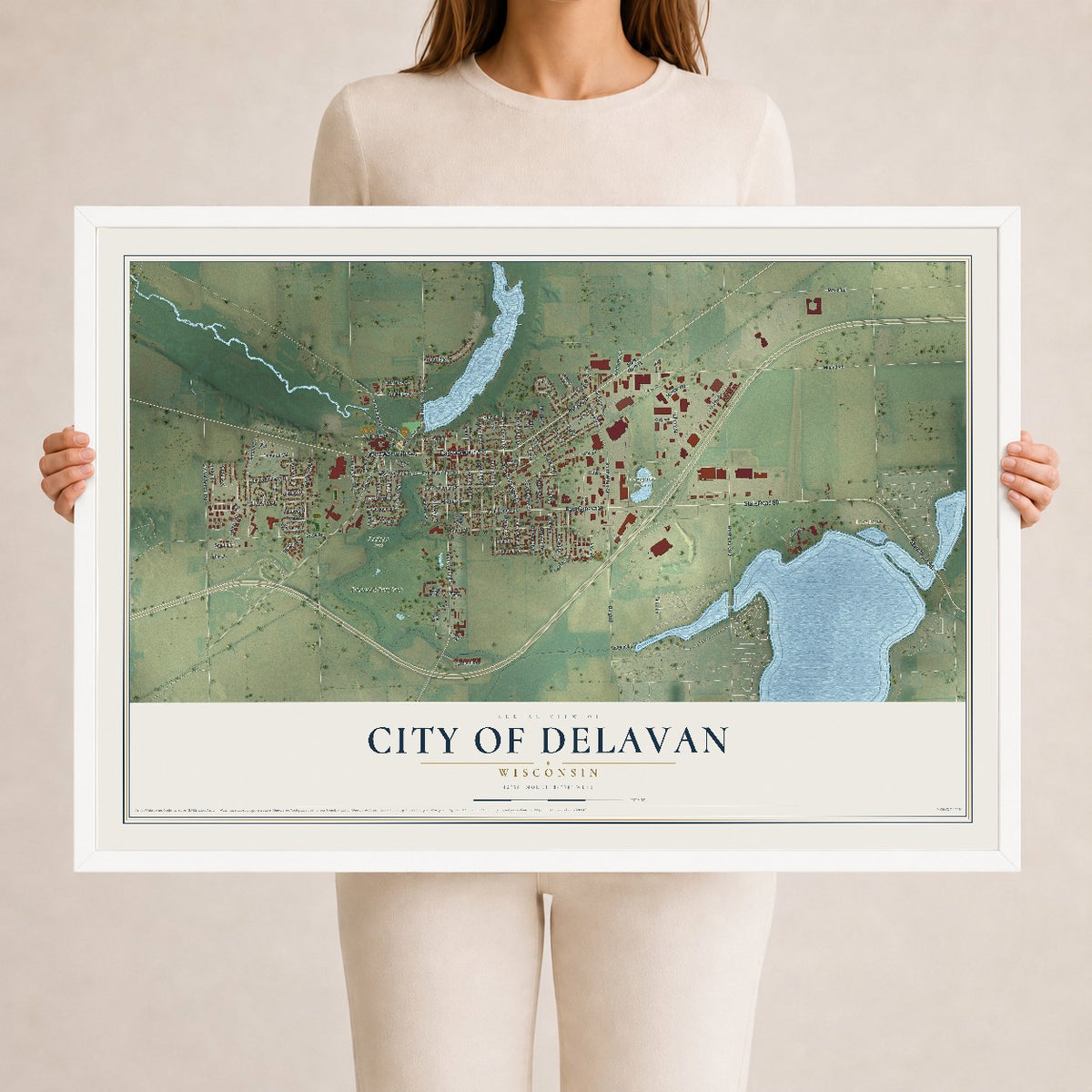 Map of Delavan, Wisconsin, 24 x 36 inch print in a white wood frame