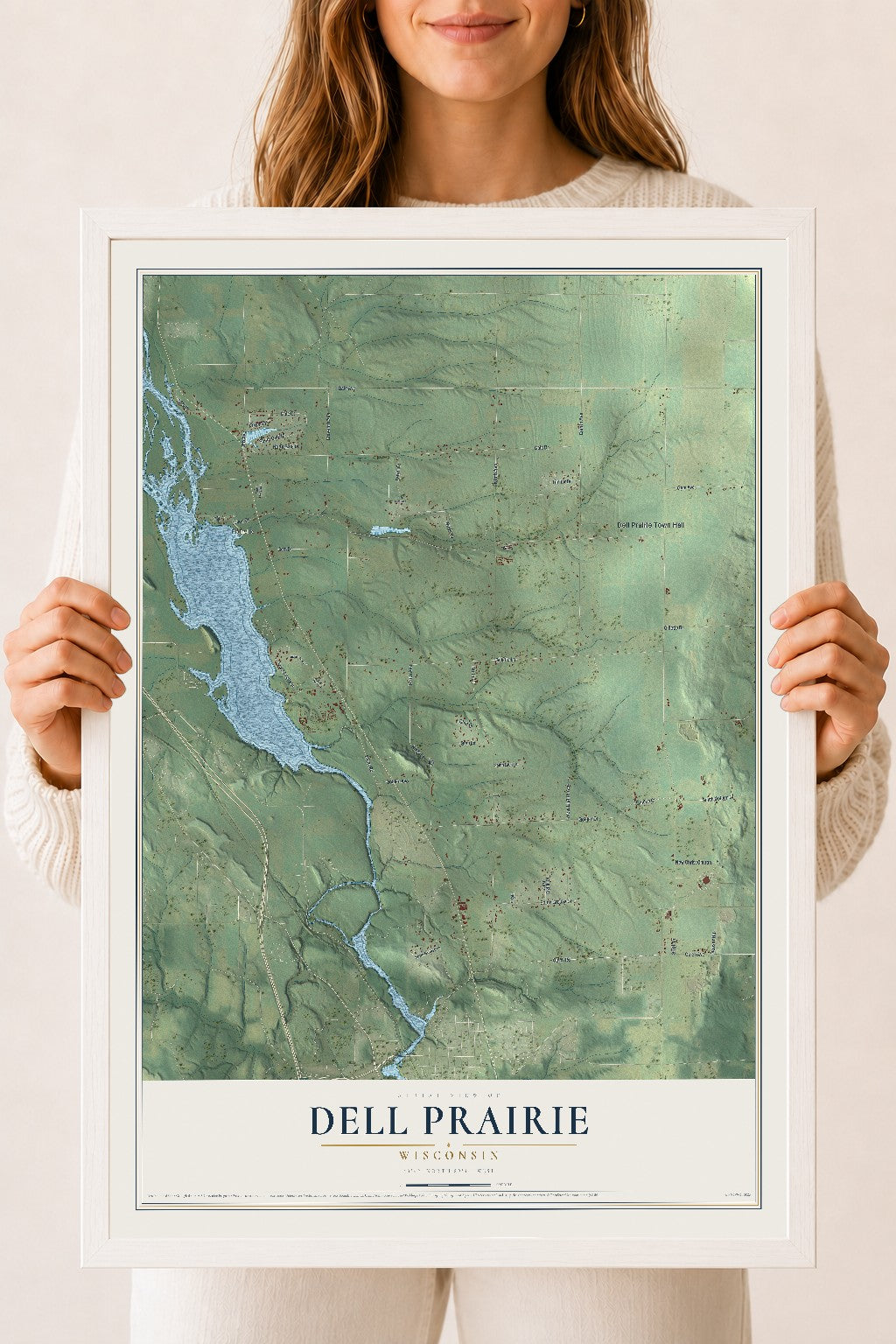 Map of Dell Prairie, Wisconsin, 18 x 24 inch print in a white wood frame