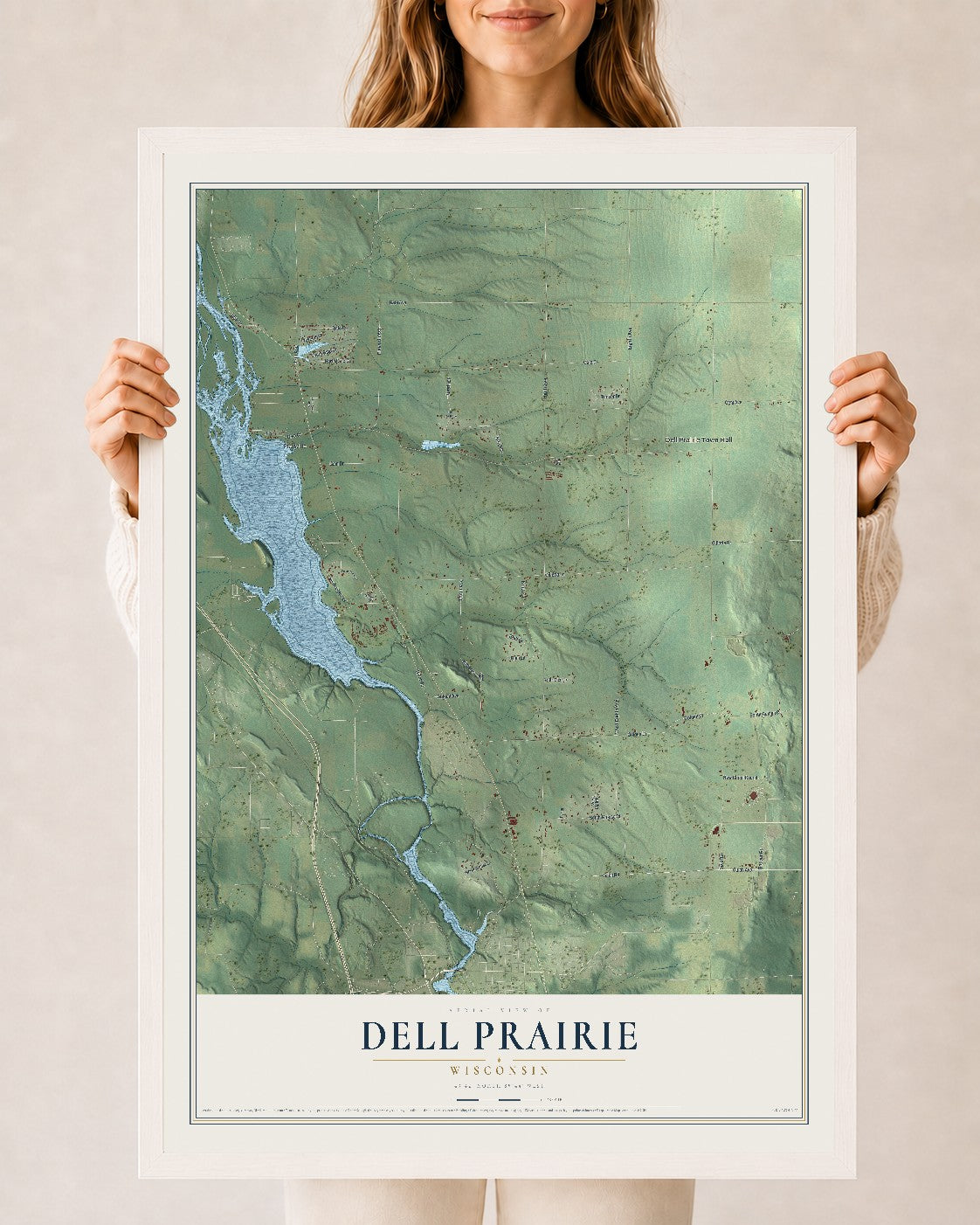 Map of Dell Prairie, Wisconsin, 24 x 36 inch print in a white wood frame