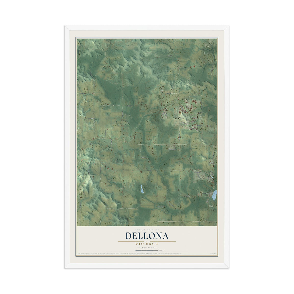 Map of Dellona, Wisconsin, 12 x 18 inch print in a white wood frame