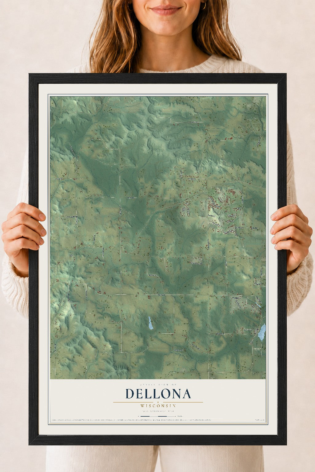 Map of Dellona, Wisconsin, 18 x 24 inch print in a black wood frame
