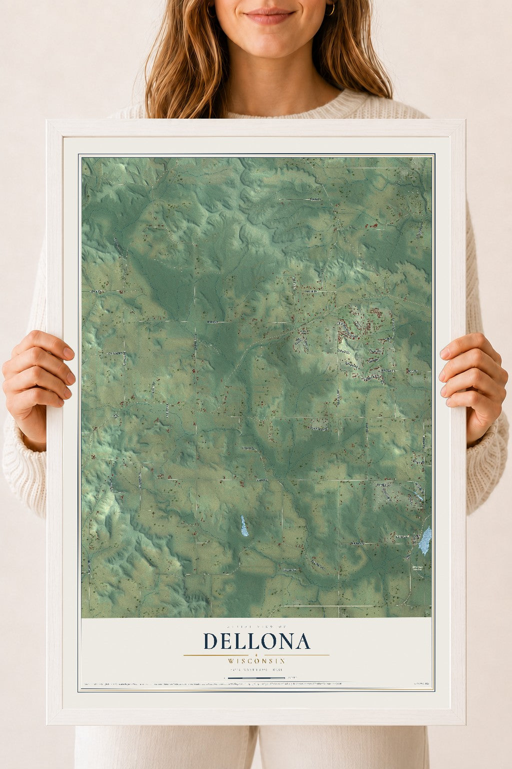 Map of Dellona, Wisconsin, 18 x 24 inch print in a white wood frame