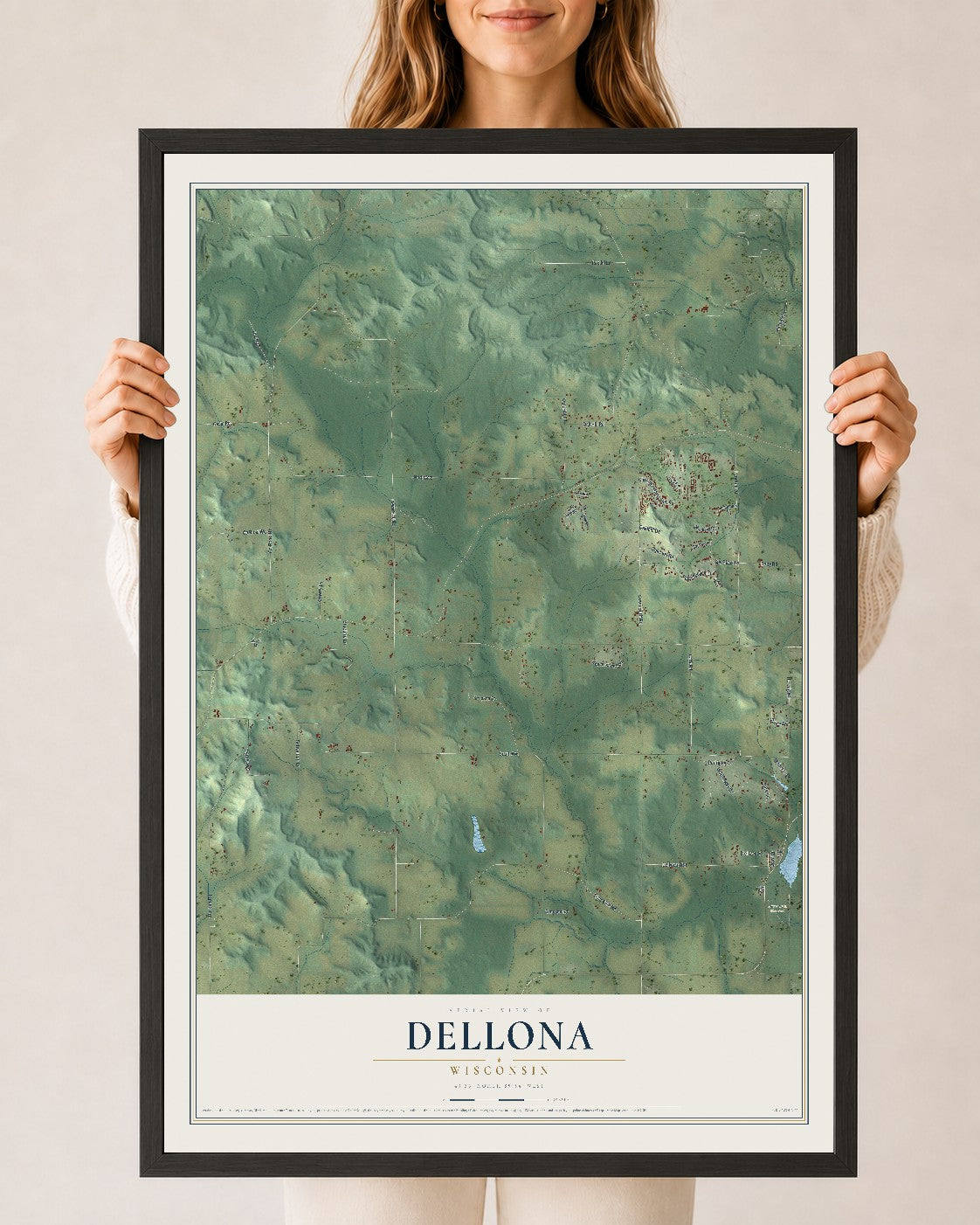Map of Dellona, Wisconsin, 24 x 36 inch print in a black wood frame
