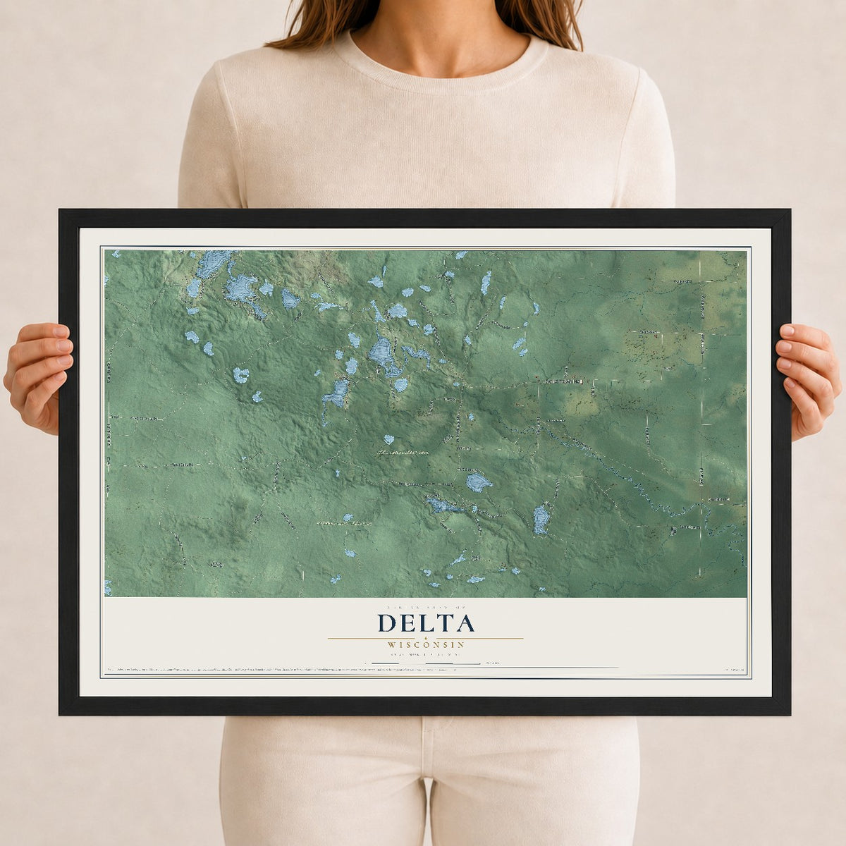 Map of Delta, Wisconsin, 12 x 18 inch print in a black wood frame