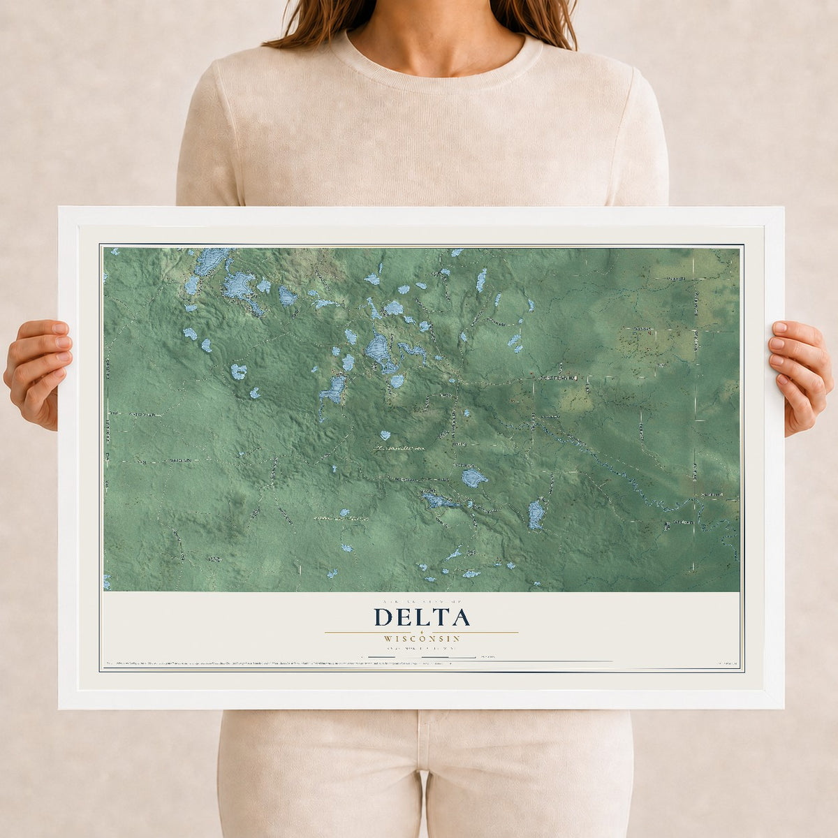 Map of Delta, Wisconsin, 12 x 18 inch print in a white wood frame