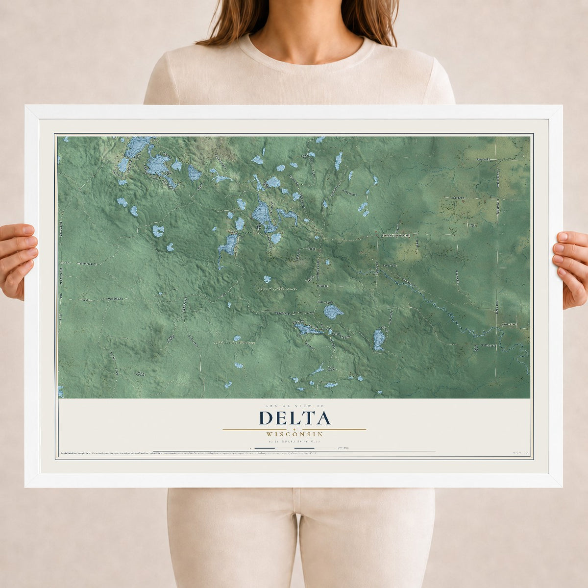Map of Delta, Wisconsin, 18 x 24 inch print in a white wood frame