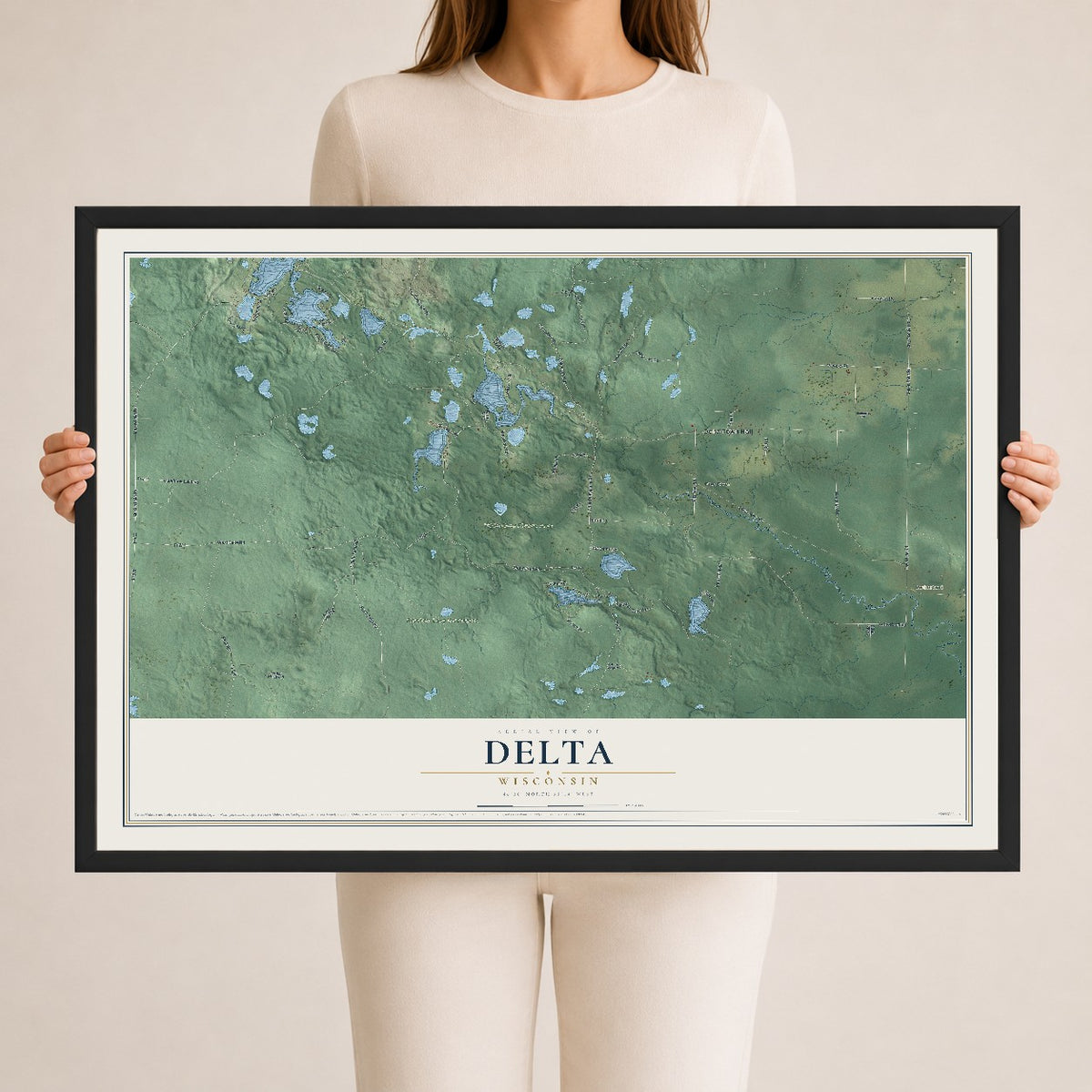 Map of Delta, Wisconsin, 24 x 36 inch print in a black wood frame