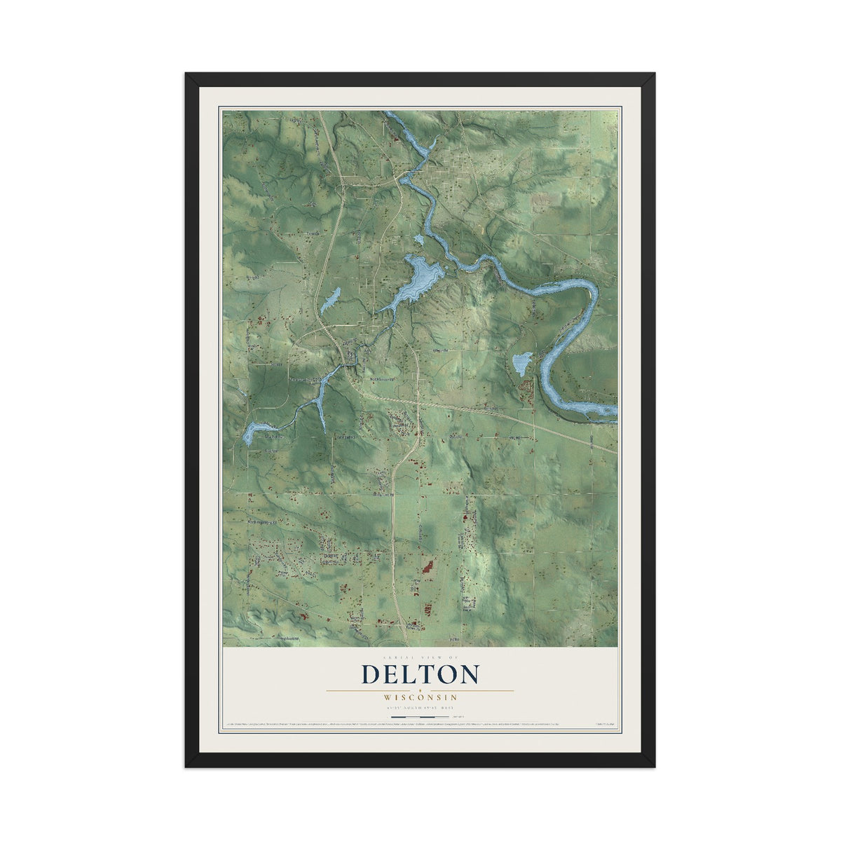 Map of Delton, Wisconsin, 12 x 18 inch print in a black wood frame