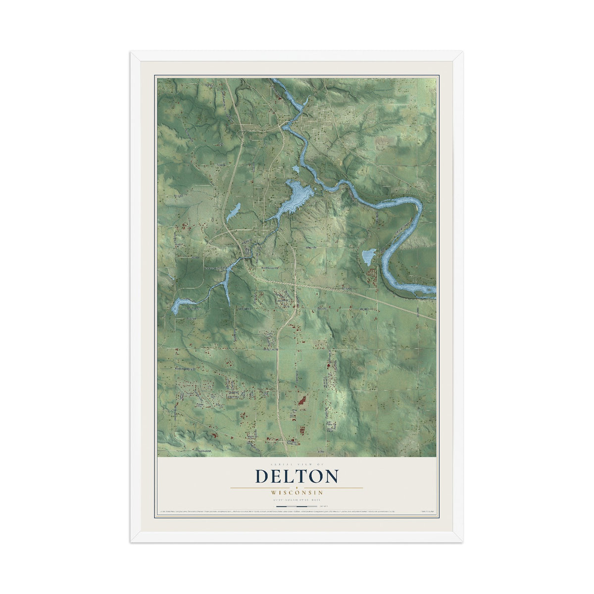 Map of Delton, Wisconsin, 12 x 18 inch print in a white wood frame