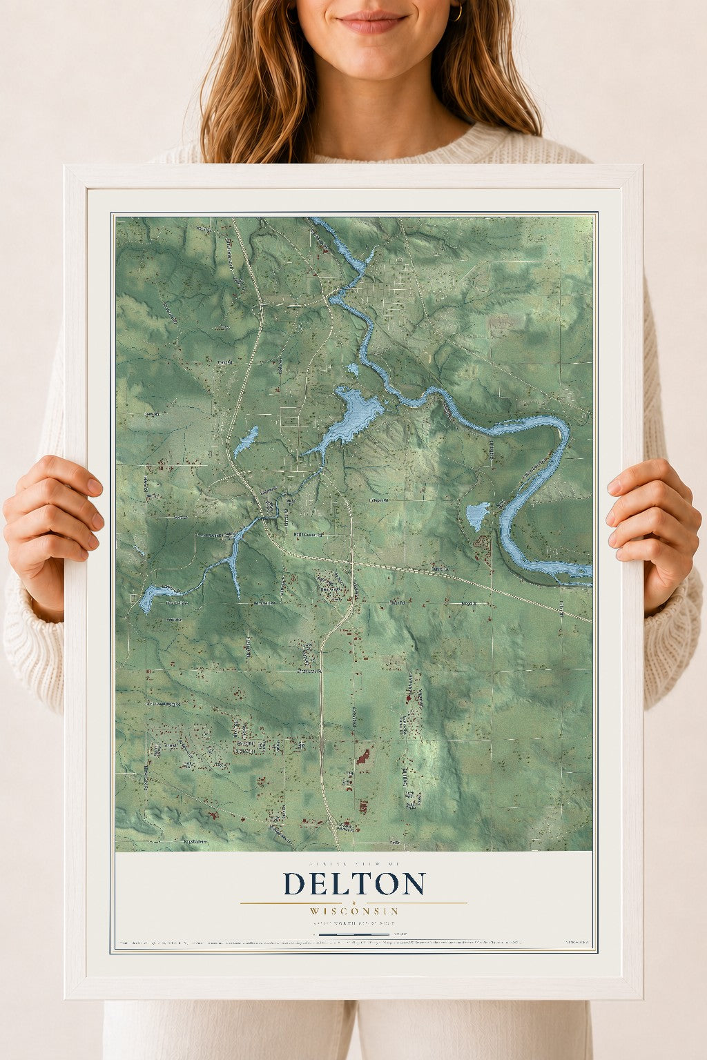 Map of Delton, Wisconsin, 18 x 24 inch print in a white wood frame