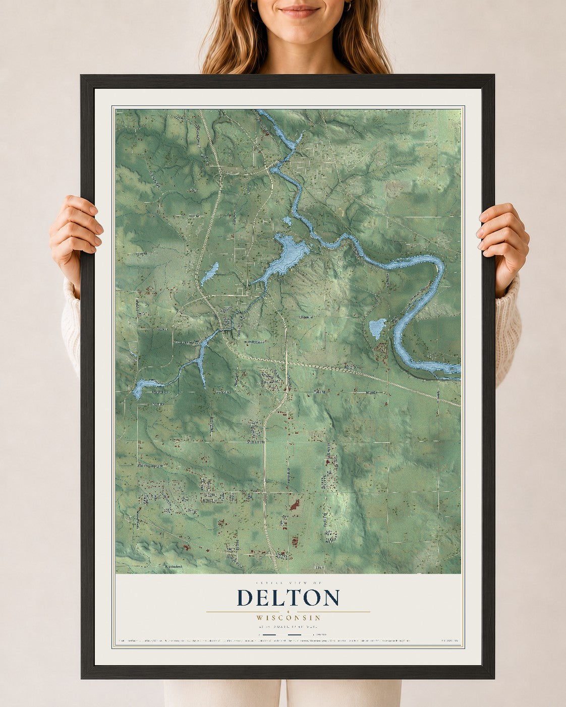 Map of Delton, Wisconsin, 24 x 36 inch print in a black wood frame