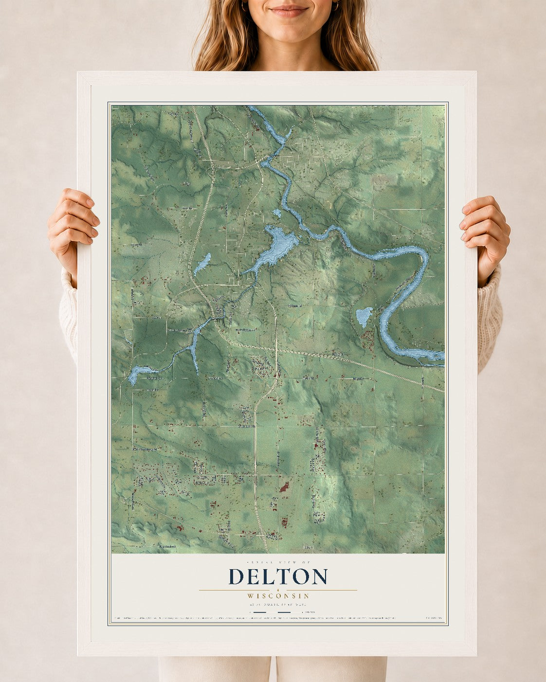 Map of Delton, Wisconsin, 24 x 36 inch print in a white wood frame