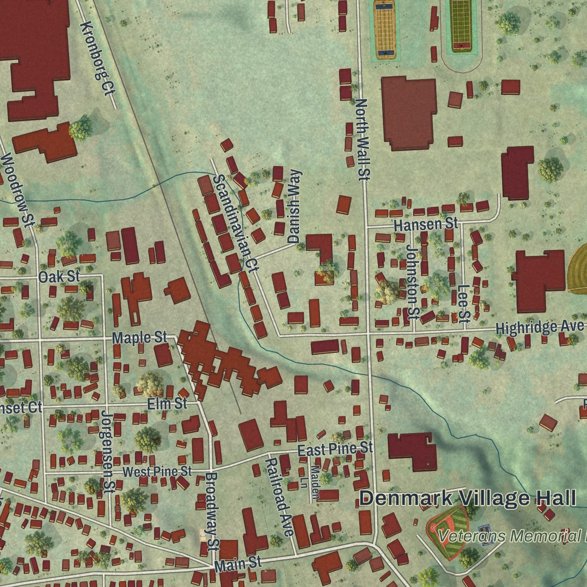 Close-up of the map of Denmark, Wisconsin print showing street and building detail
