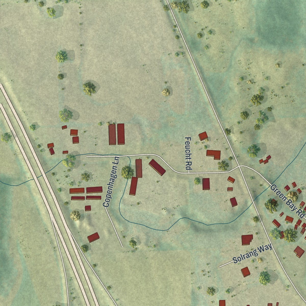 Second close-up of the map of Denmark, Wisconsin print showing more streets and buildings