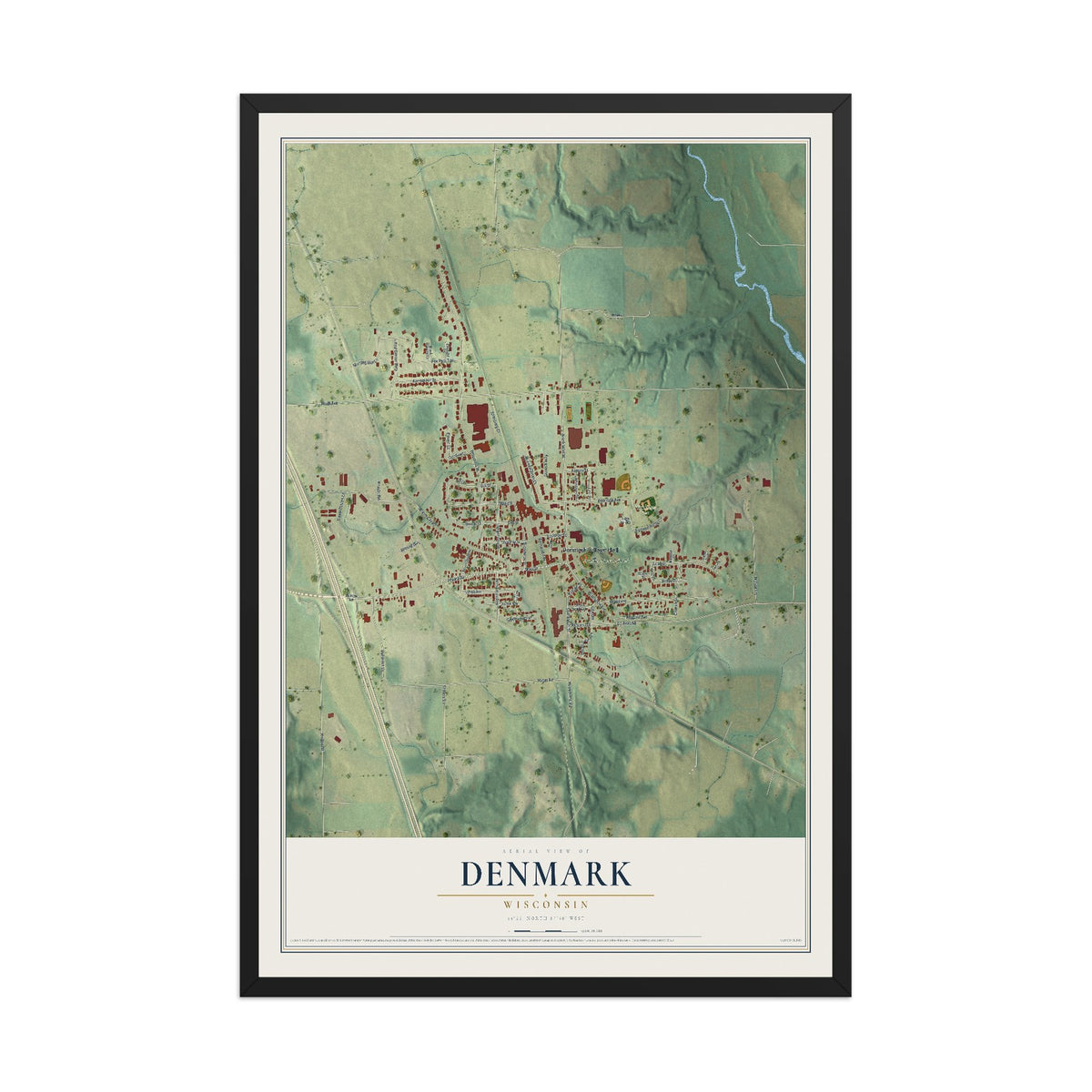 Map of Denmark, Wisconsin, 12 x 18 inch print in a black wood frame