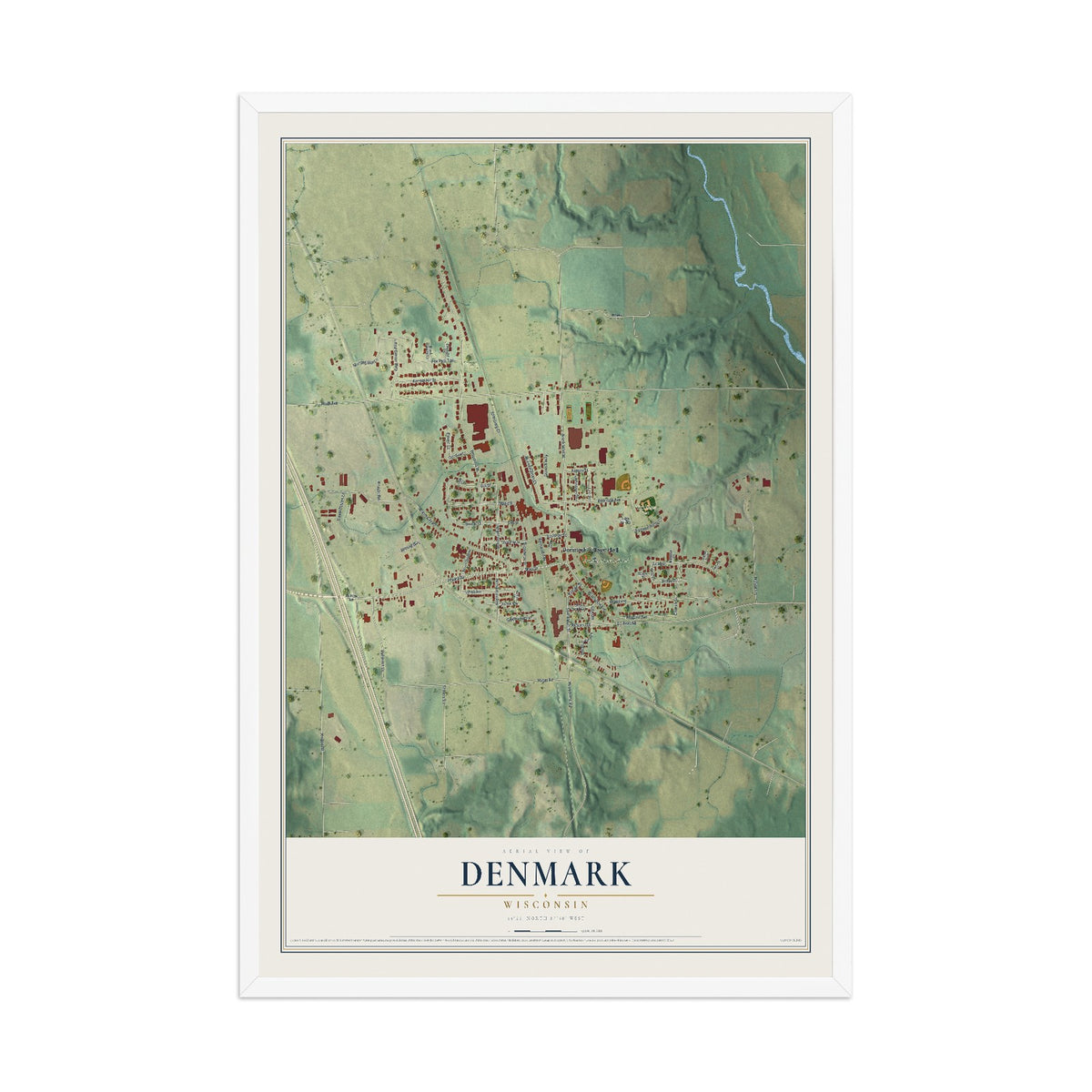 Map of Denmark, Wisconsin, 12 x 18 inch print in a white wood frame