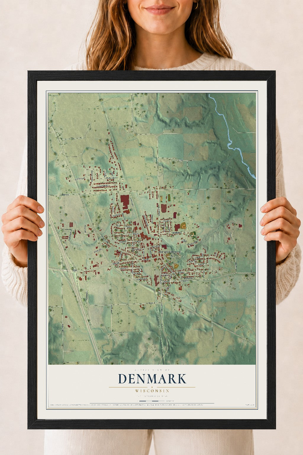 Map of Denmark, Wisconsin, 18 x 24 inch print in a black wood frame