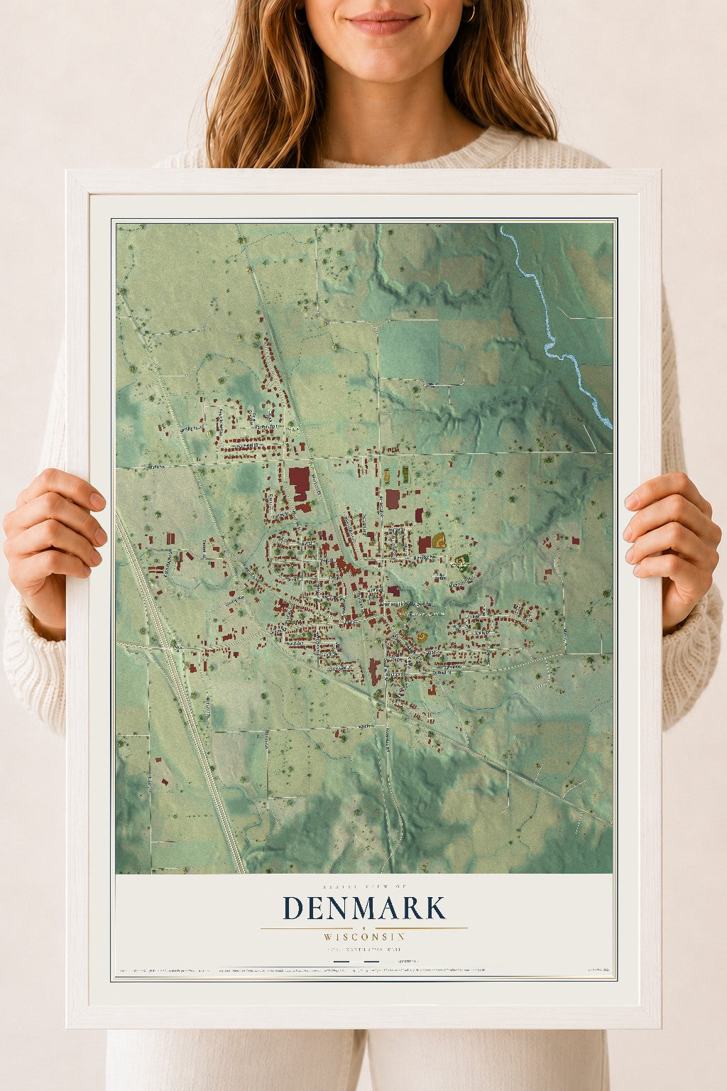 Map of Denmark, Wisconsin, 18 x 24 inch print in a white wood frame