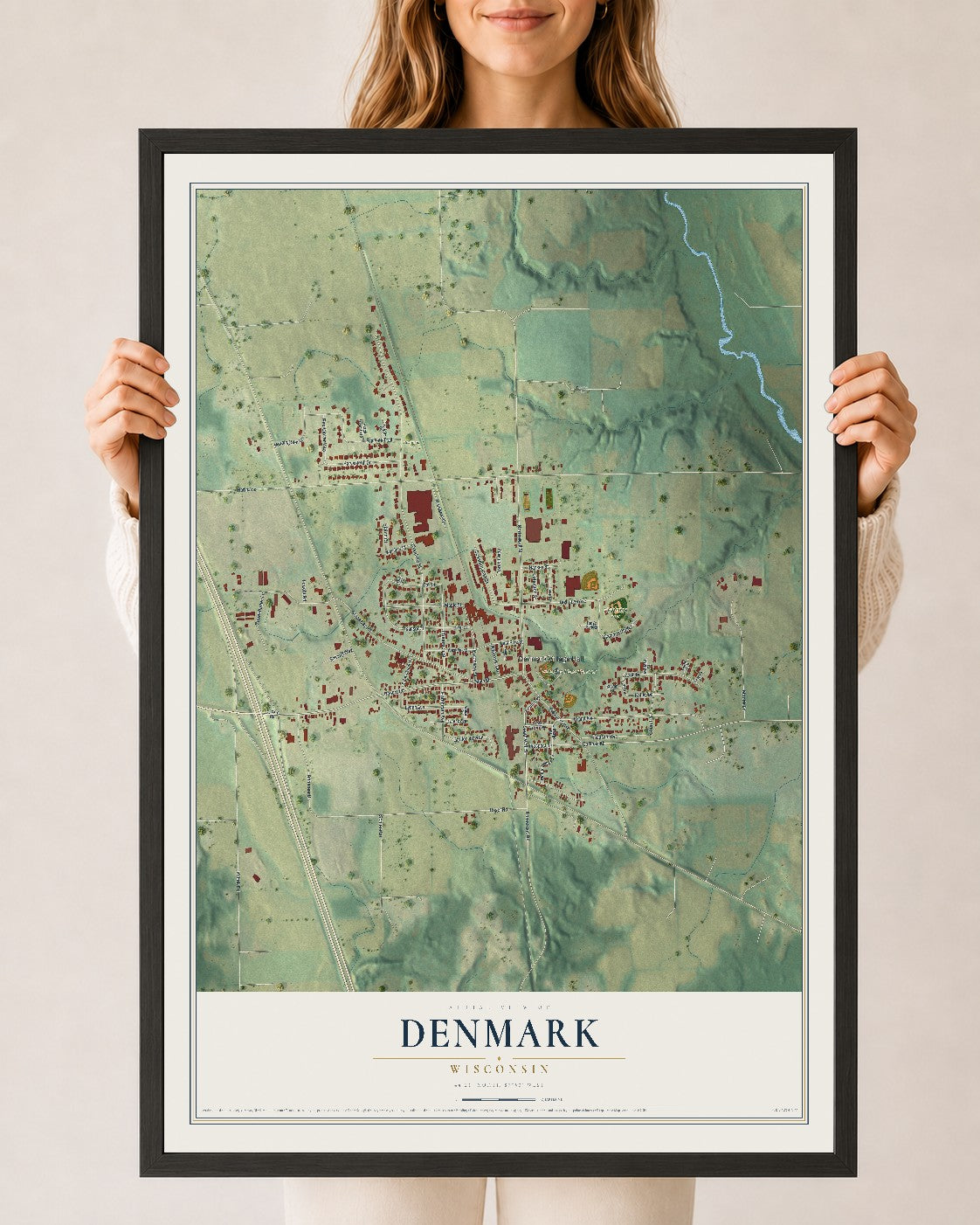 Map of Denmark, Wisconsin, 24 x 36 inch print in a black wood frame