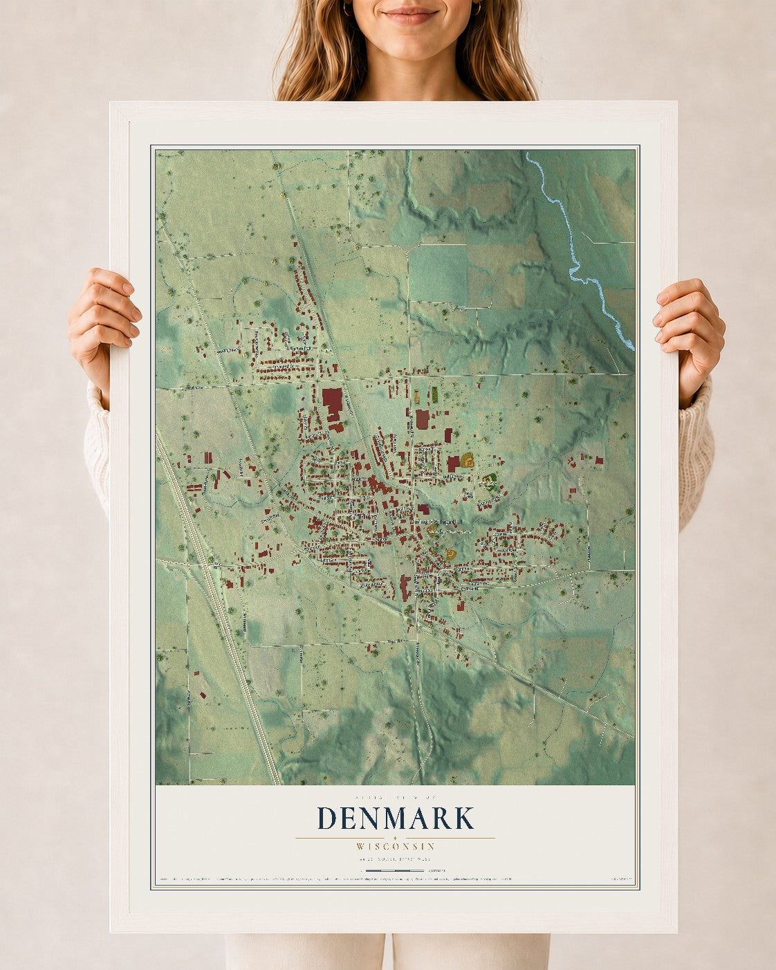 Map of Denmark, Wisconsin, 24 x 36 inch print in a white wood frame