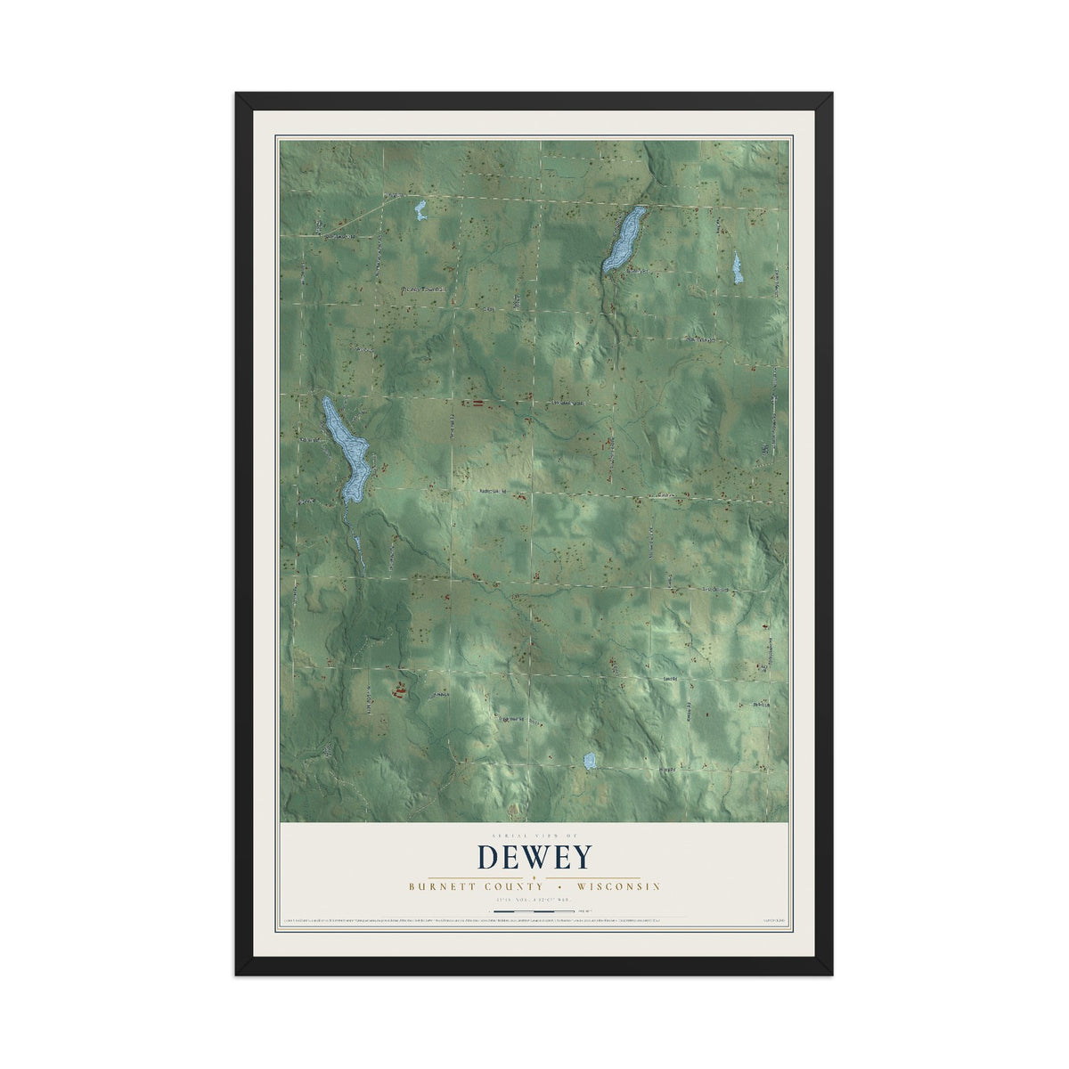 Map of Dewey, Burnett County, Wisconsin, 12 x 18 inch print in a black wood frame