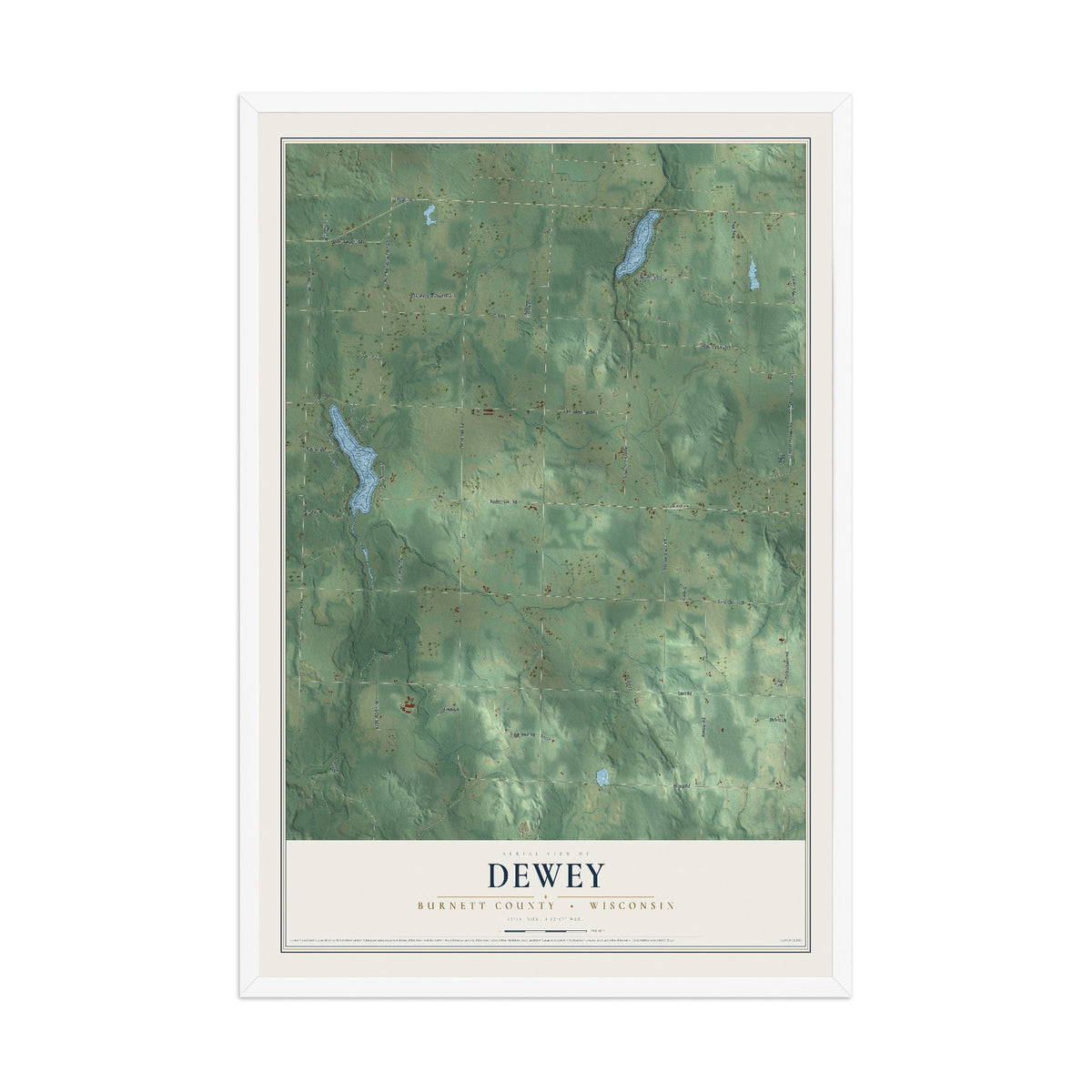 Map of Dewey, Burnett County, Wisconsin, 12 x 18 inch print in a white wood frame