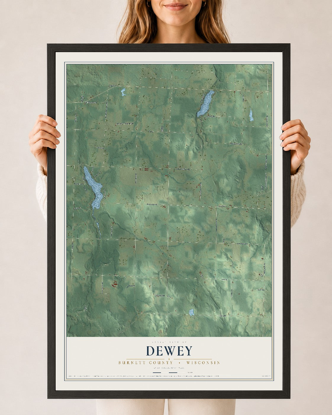 Map of Dewey, Burnett County, Wisconsin, 24 x 36 inch print in a black wood frame