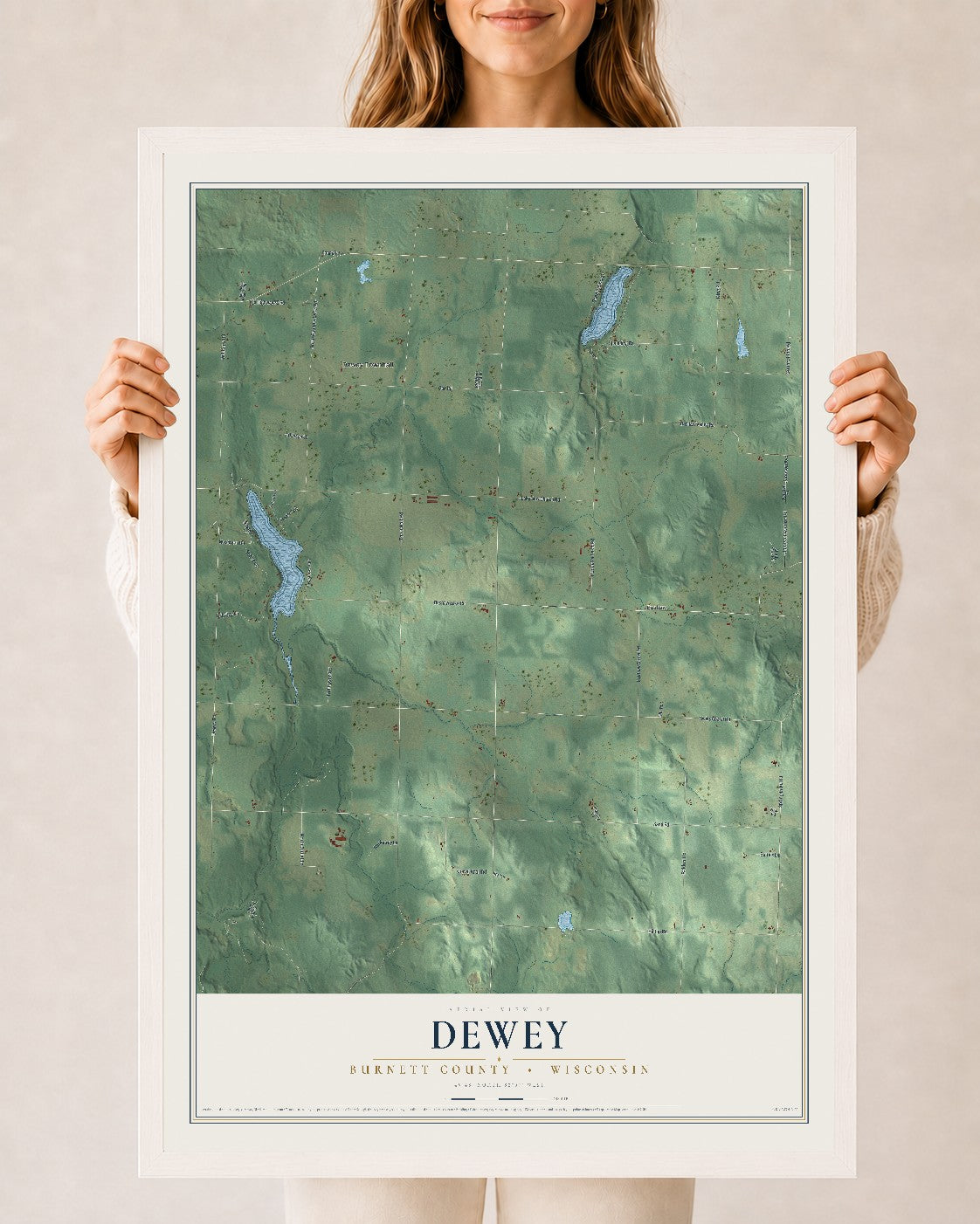 Map of Dewey, Burnett County, Wisconsin, 24 x 36 inch print in a white wood frame