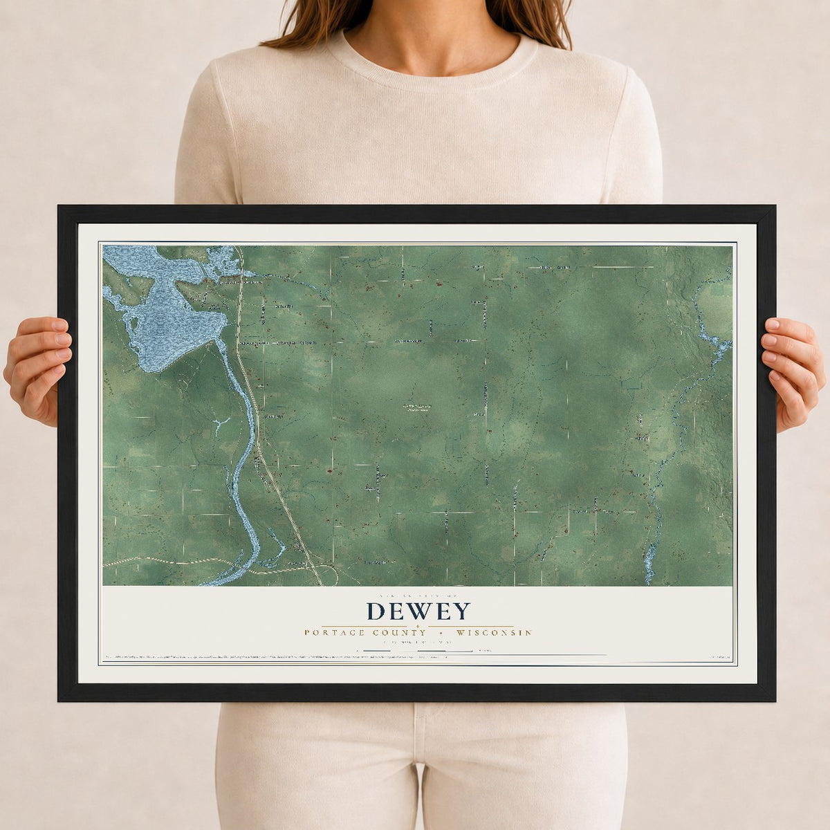 Map of Dewey, Portage County, Wisconsin, 12 x 18 inch print in a black wood frame