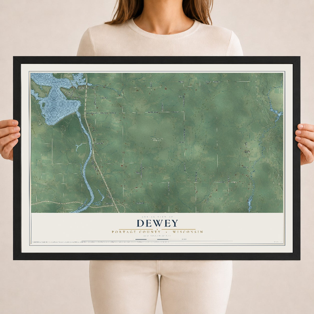Map of Dewey, Portage County, Wisconsin, 18 x 24 inch print in a black wood frame