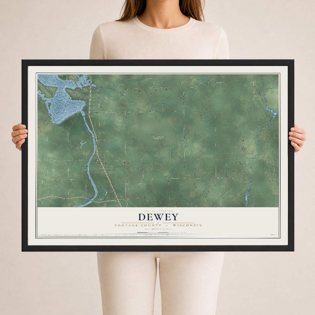 Map of Dewey, Portage County, Wisconsin, 24 x 36 inch print in a black wood frame