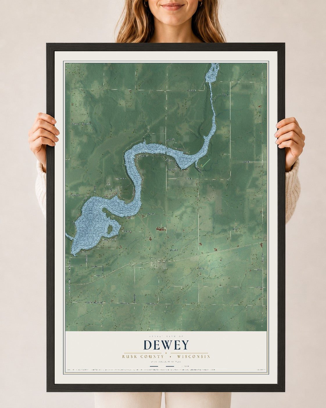 Map of Dewey, Rusk County, Wisconsin, 24 x 36 inch print in a black wood frame