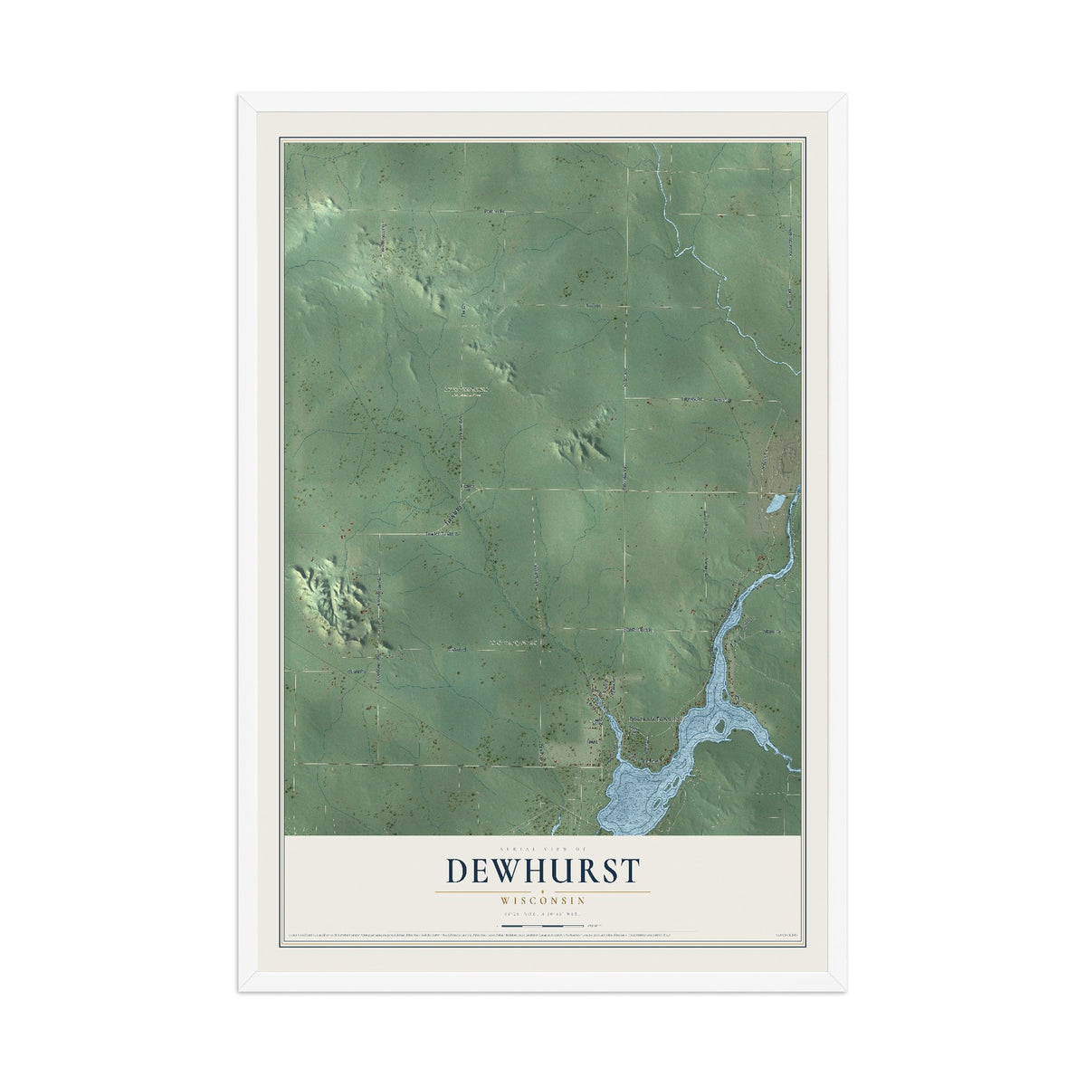 Map of Dewhurst, Wisconsin, 12 x 18 inch print in a white wood frame