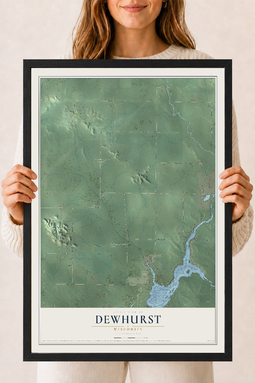 Map of Dewhurst, Wisconsin, 18 x 24 inch print in a black wood frame