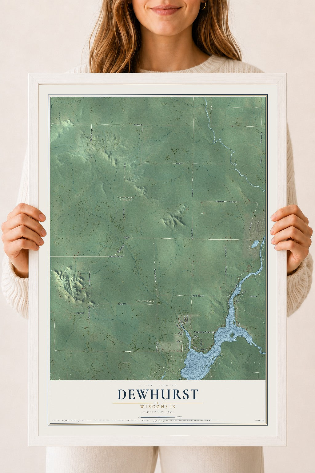 Map of Dewhurst, Wisconsin, 18 x 24 inch print in a white wood frame