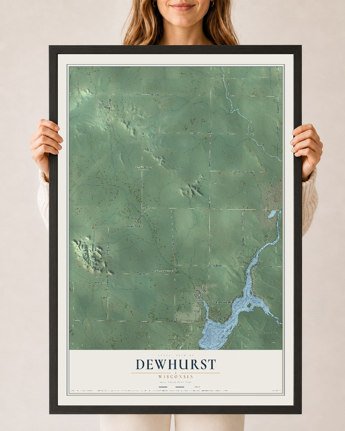 Map of Dewhurst, Wisconsin, 24 x 36 inch print in a black wood frame