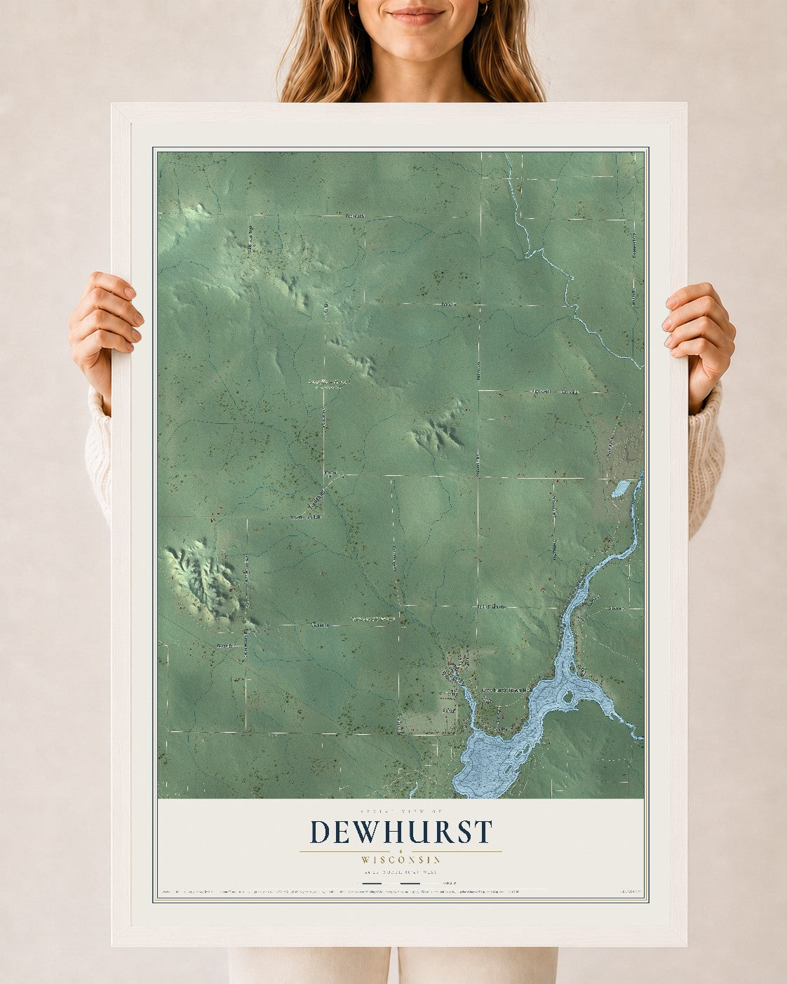 Map of Dewhurst, Wisconsin, 24 x 36 inch print in a white wood frame