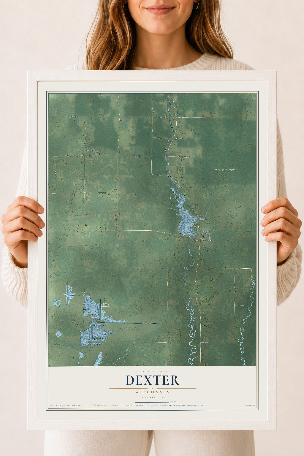 Map of Dexter, Wisconsin, 18 x 24 inch print in a white wood frame