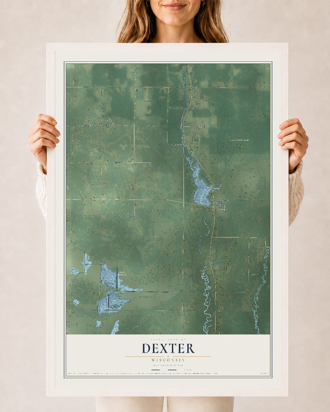 Map of Dexter, Wisconsin, 24 x 36 inch print in a white wood frame