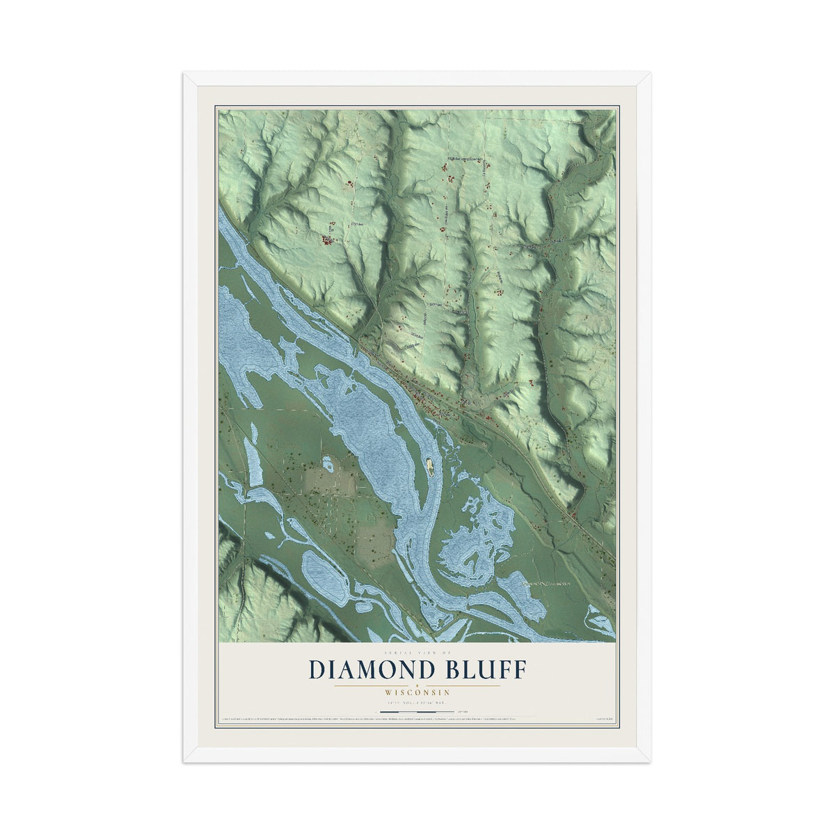 Map of Diamond Bluff, Wisconsin, 12 x 18 inch print in a white wood frame