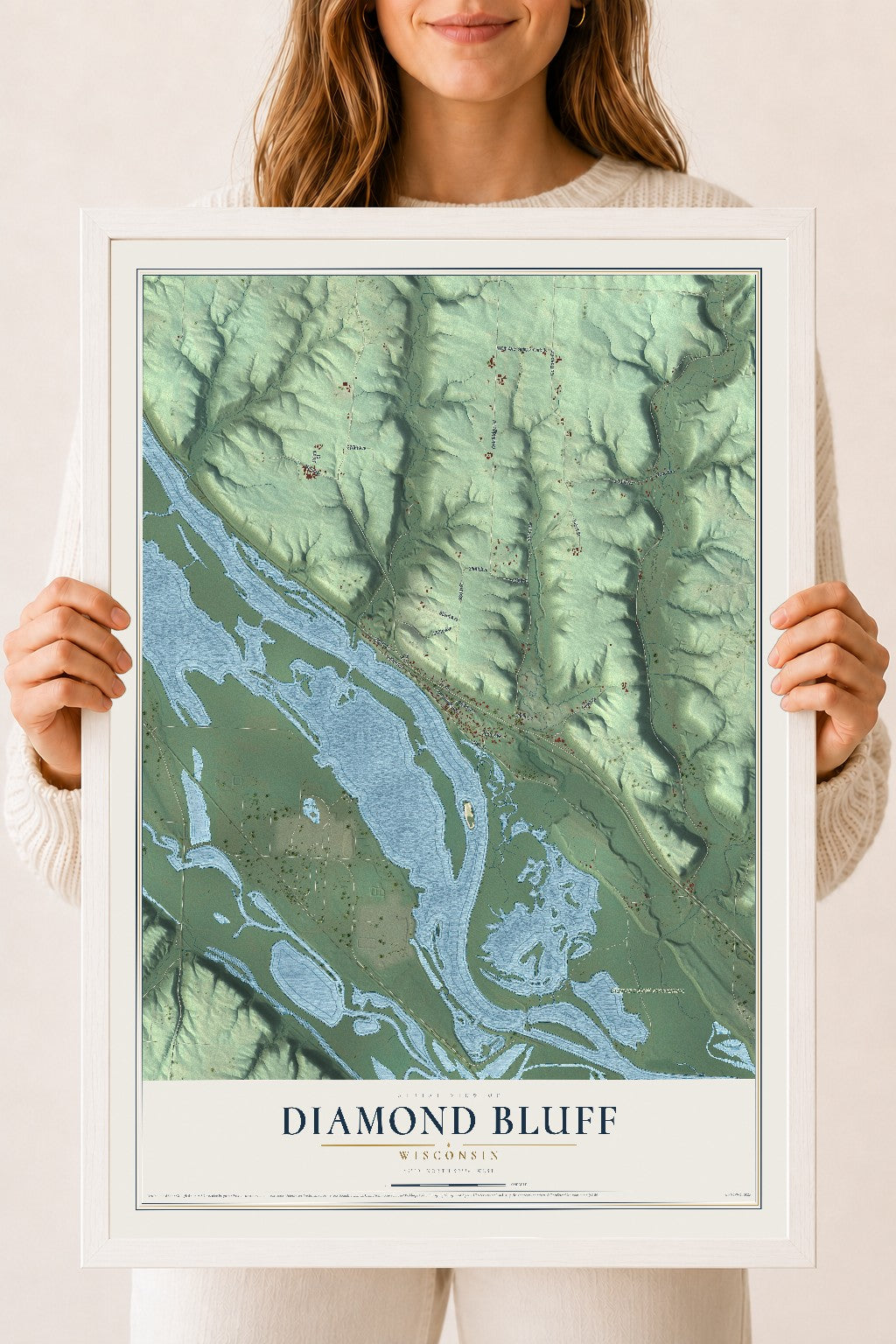 Map of Diamond Bluff, Wisconsin, 18 x 24 inch print in a white wood frame