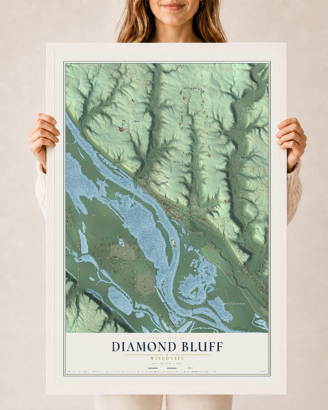 Map of Diamond Bluff, Wisconsin, 24 x 36 inch print in a white wood frame