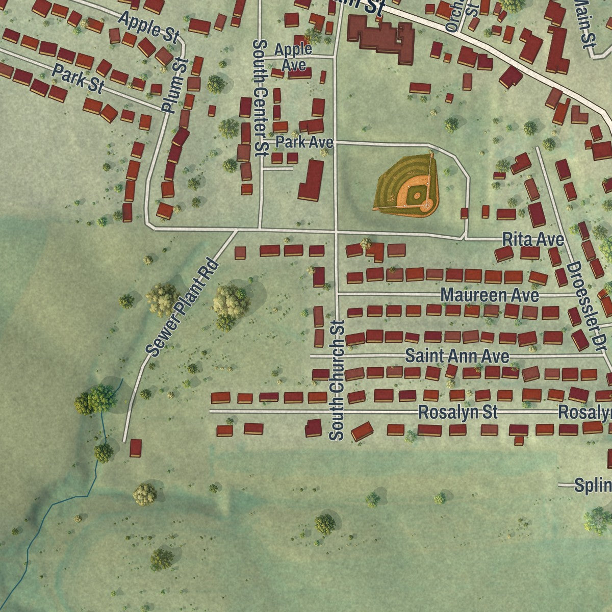 Close-up of the map of Dickeyville, Wisconsin print showing street and building detail
