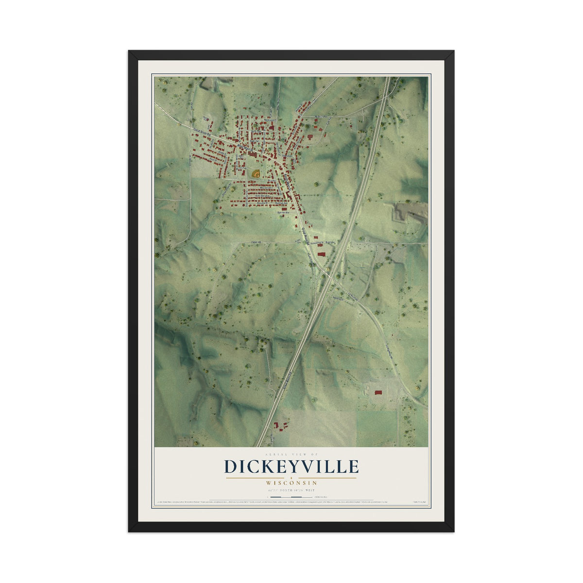Map of Dickeyville, Wisconsin, 12 x 18 inch print in a black wood frame