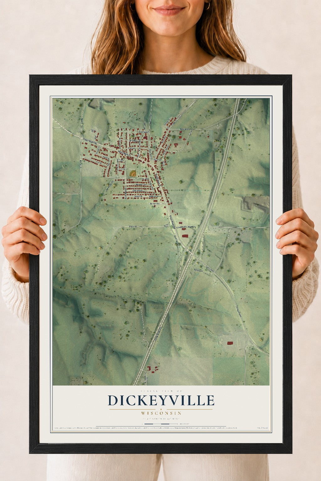 Map of Dickeyville, Wisconsin, 18 x 24 inch print in a black wood frame